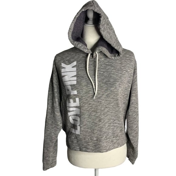 Victorias Secret Pink Cropped Sweatshirt XS Grey Hooded Long Sleeve Fleece - Picture 1 of 7
